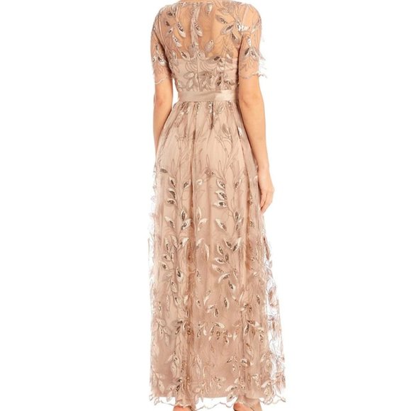 Adrianna Papell Embroidered Knit Long Ball Gown w/ Elbow Sleeves Brand NWT - Picture 3 of 11